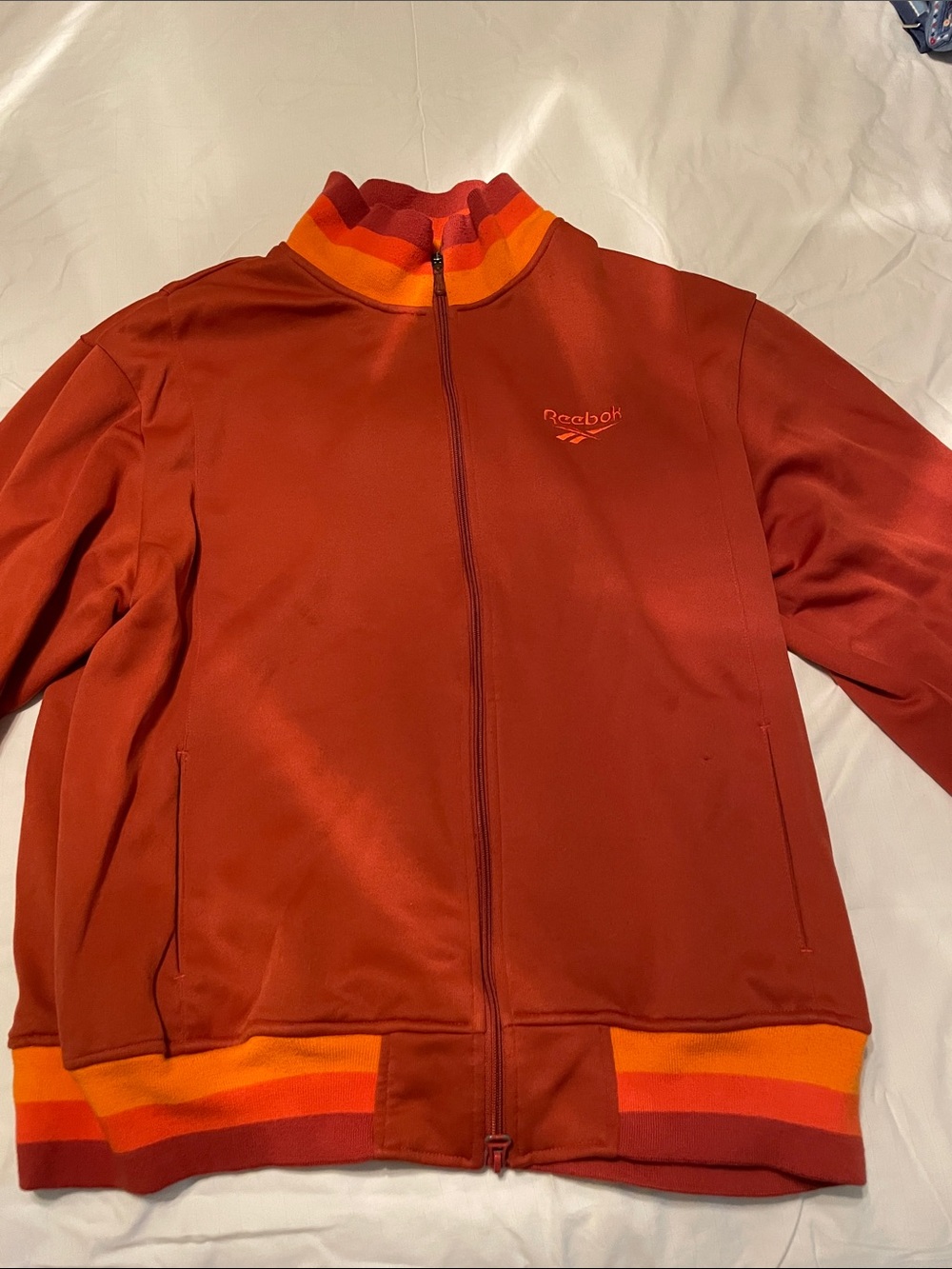 Reebok Red and Orange Striped Collar Zip Track Jacket